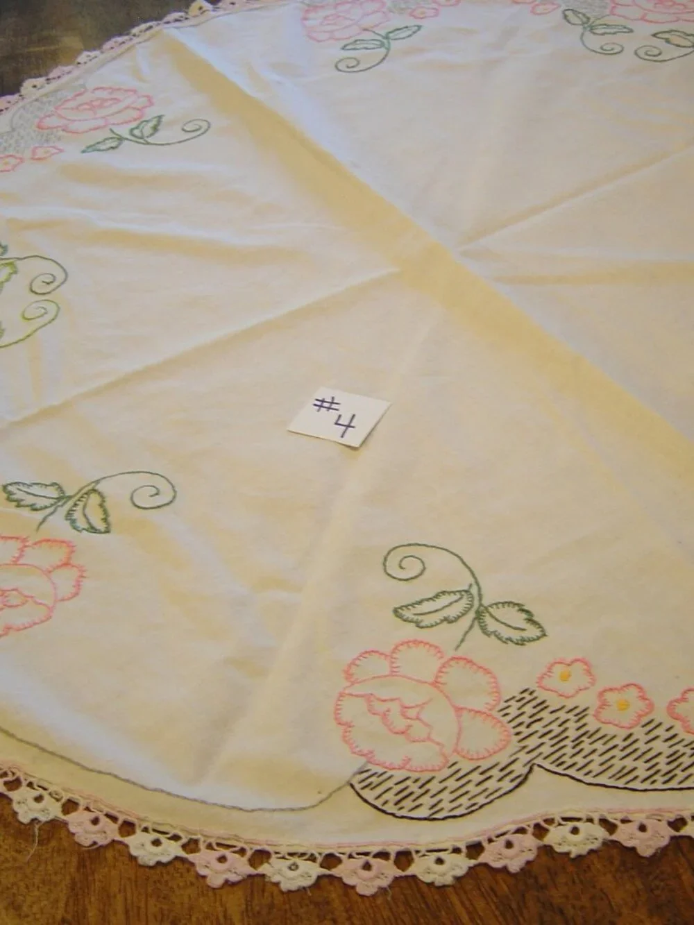 Vintage hand embroidered round tablecloth or doily-30